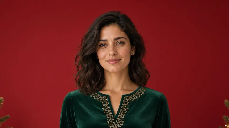 The same woman in a green velvet top against a deep red studio backdrop