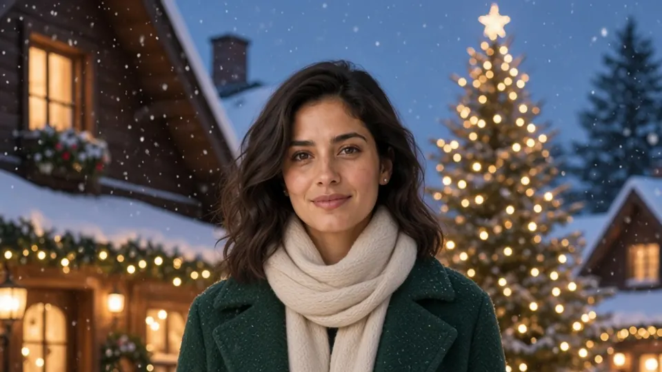 The same woman in a green coat and cream scarf in a snowy village AI Christmas photo