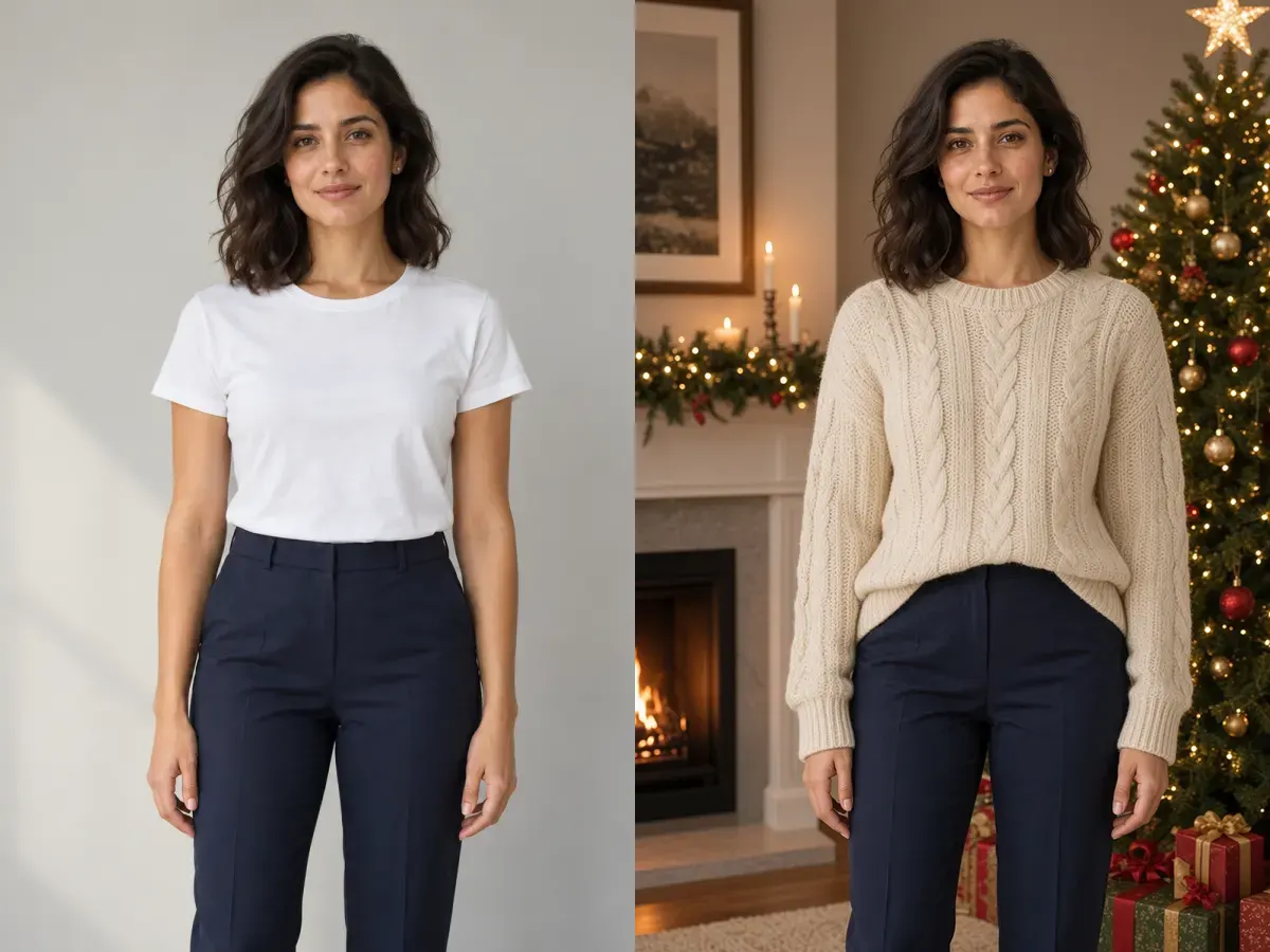 The same woman before and after a Christmas portrait edit, shown side by side to compare