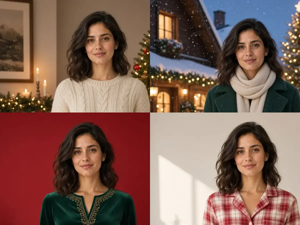 The same woman in four Christmas looks: cozy room, snowy village, red studio, and festive pajamas