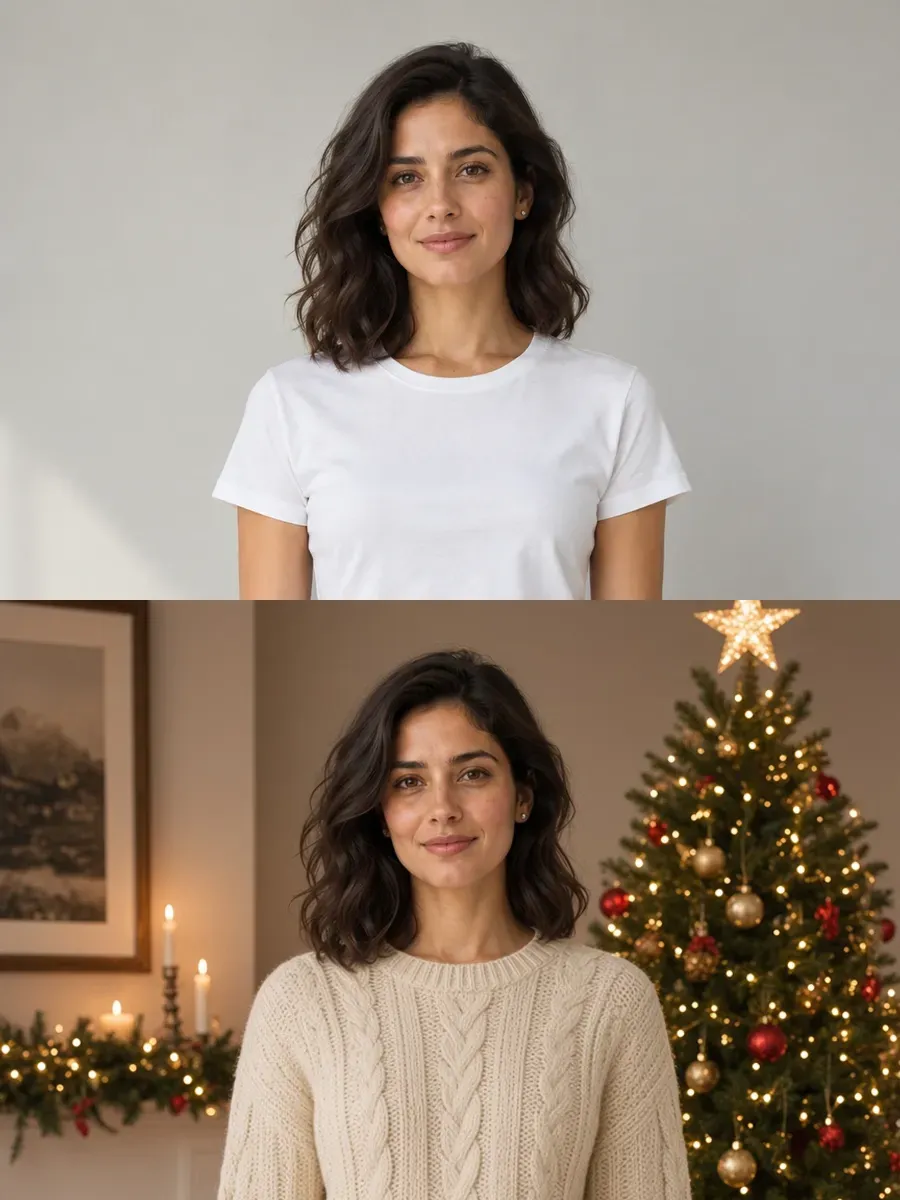A clear, evenly lit reference photo of a woman above the same woman in a festive Christmas portrait