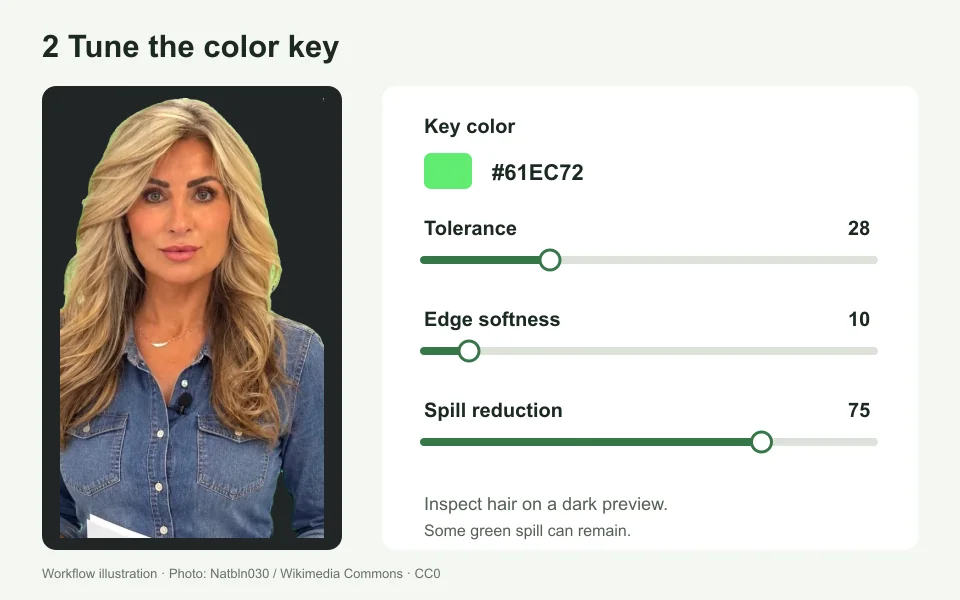 Green screen remover tolerance, softness and spill controls beside the actual portrait on a dark preview