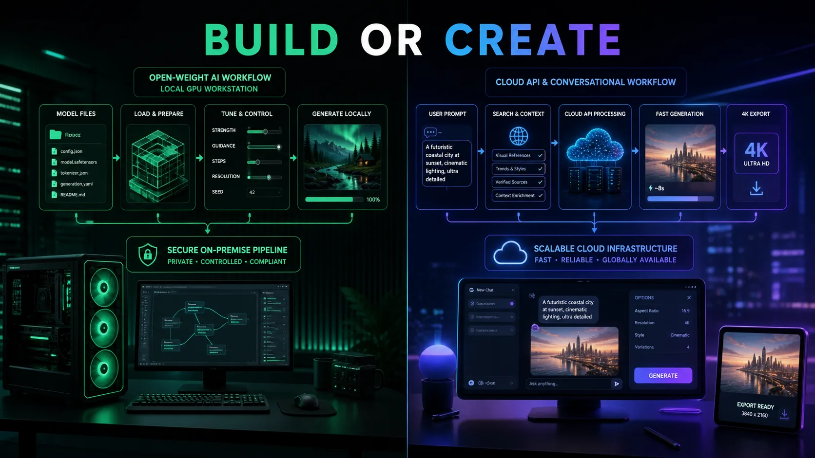 Editorial split-screen comparing an open-weight local GPU pipeline with a managed cloud creative workflow