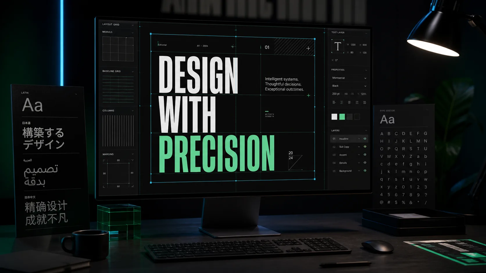 Editorial illustration of a typography-first design workspace with layout grids and editable text layers