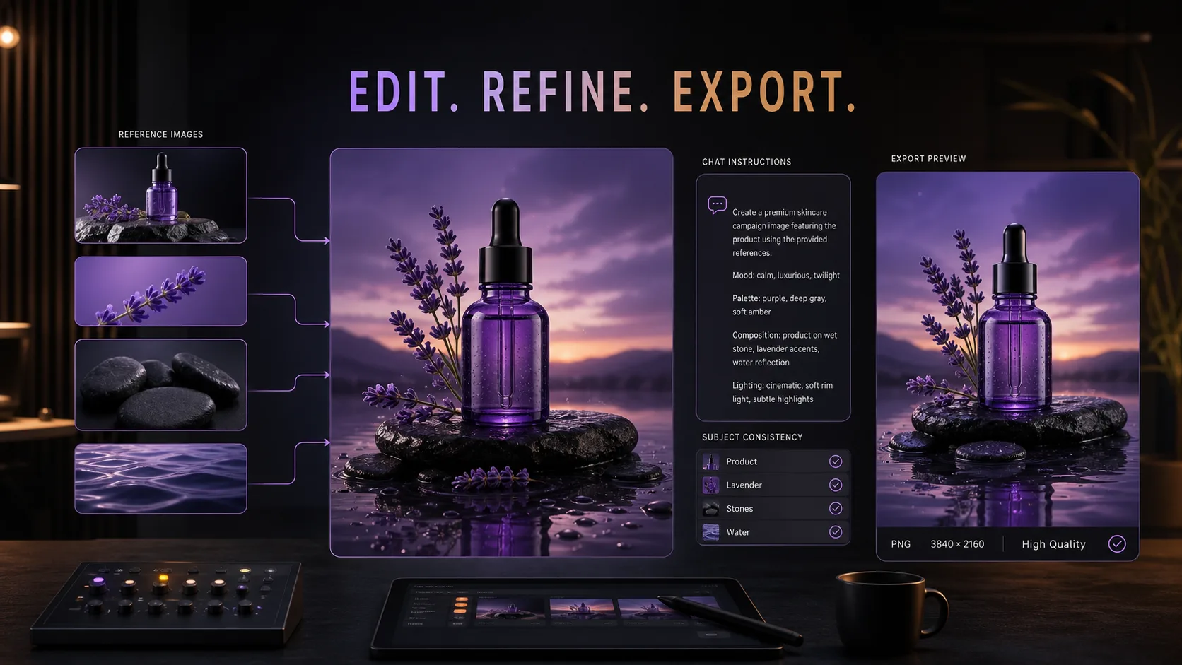 Editorial illustration of a conversational multi-reference image editing and 4K export workflow