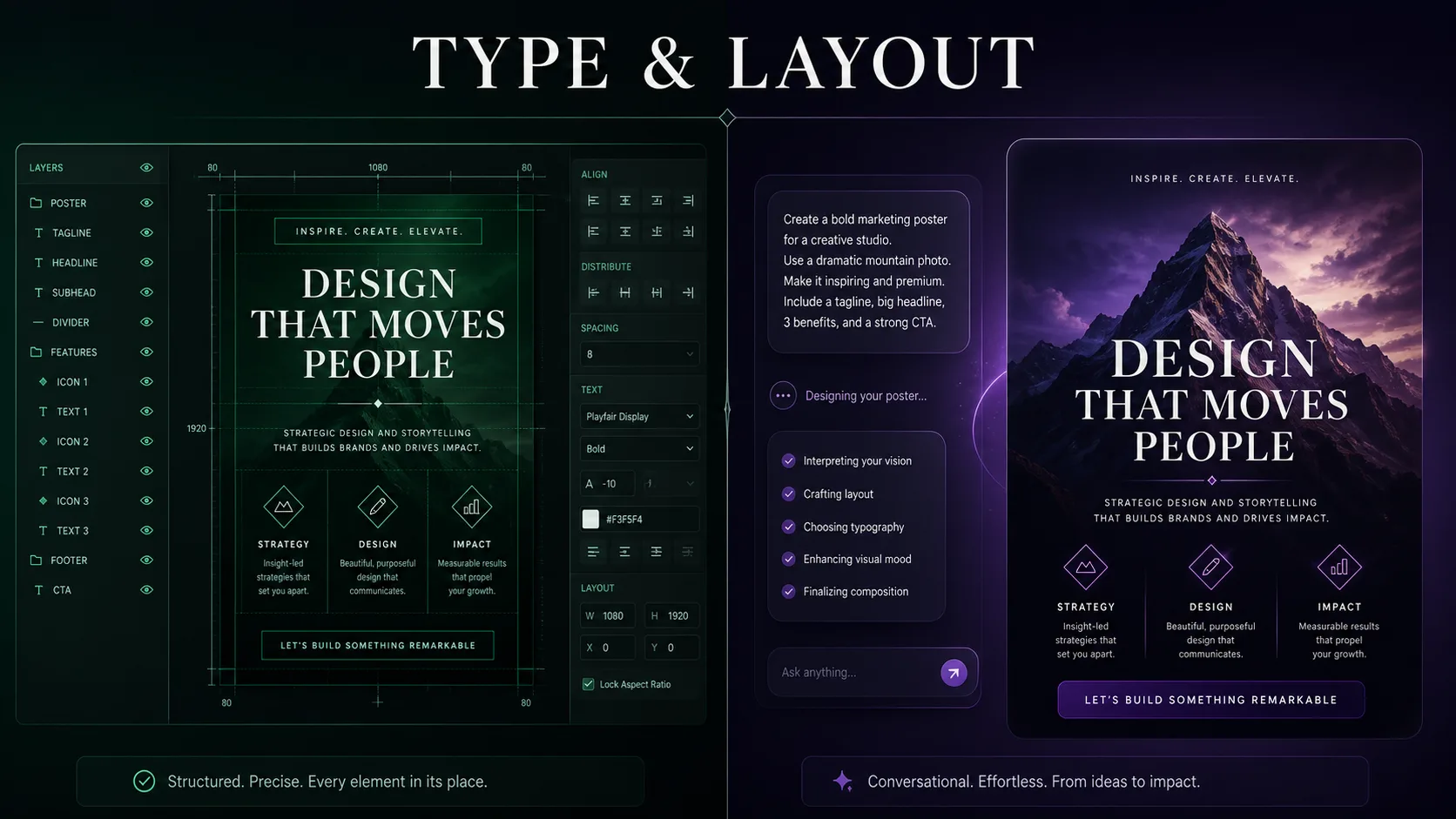Editorial split-screen comparing structured typography layout with conversational poster creation