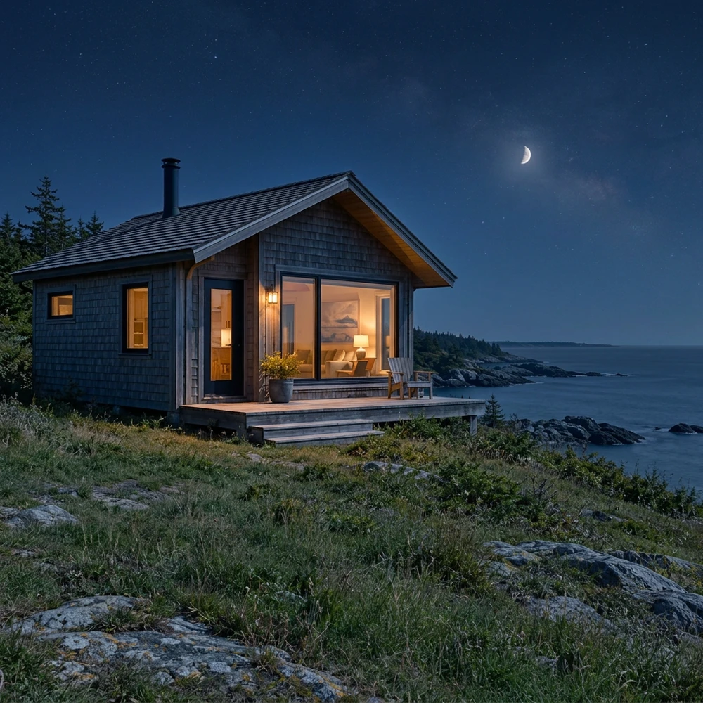 Exterior scene transformed with dark blue nighttime ambience and warm light