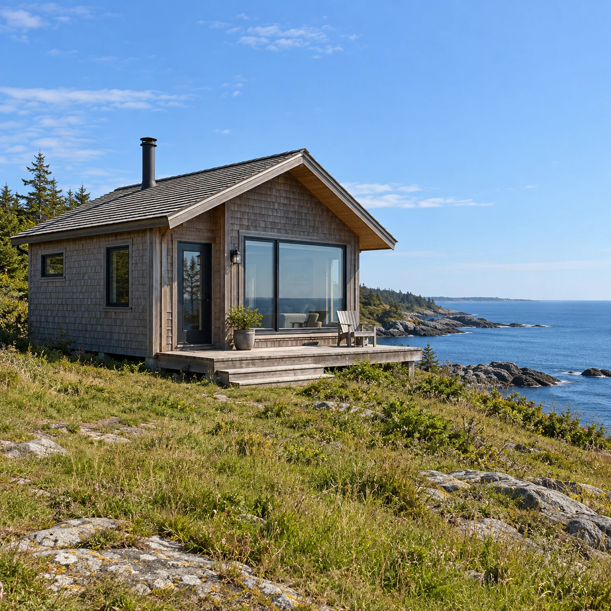 Daylight exterior scene before a nighttime lighting transformation