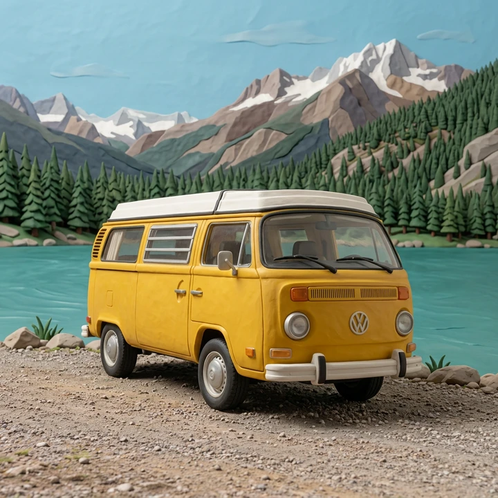 Lakeside camper and surrounding trees rendered as a sculpted clay illustration