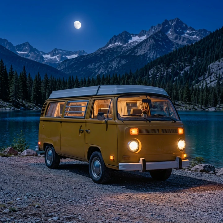 Yellow camper beside the lake after the scene was changed to nighttime