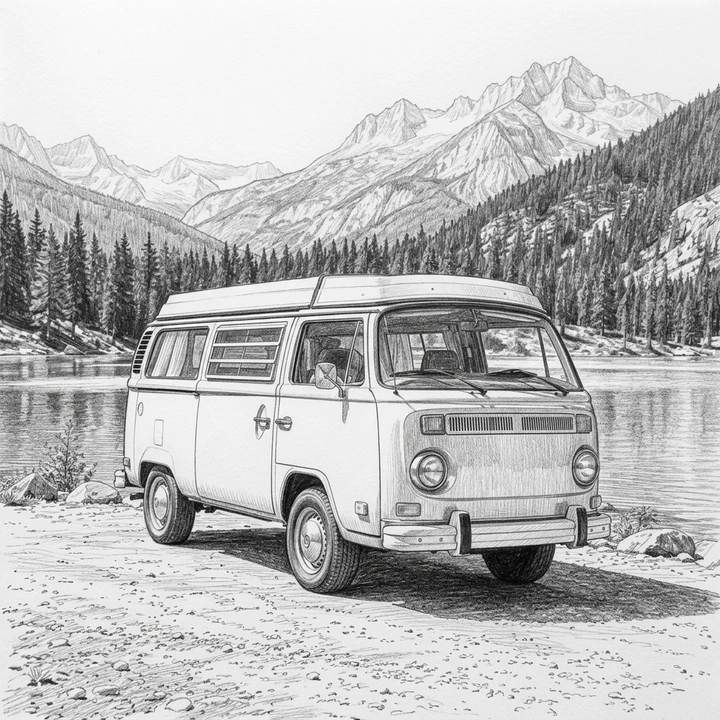 Alpine camper scene redrawn with monochrome graphite lines and shading