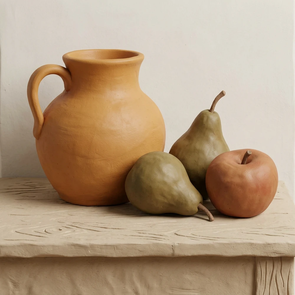 Still-life drawing transformed into a dimensional clay illustration