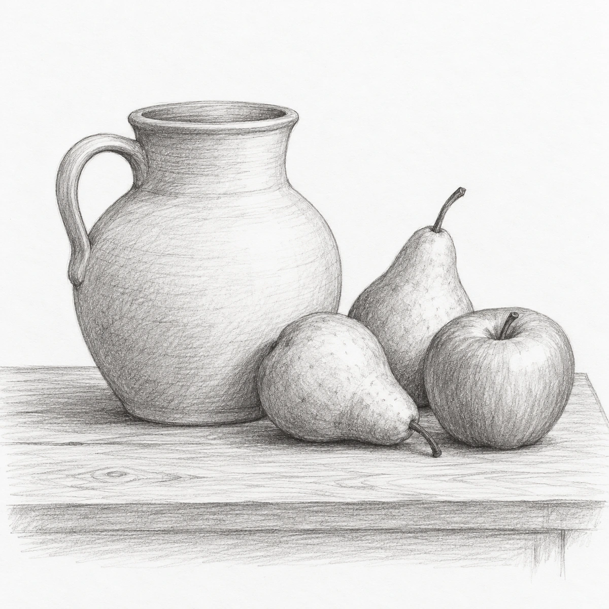 Pencil still-life drawing with a ceramic jug, two pears and an apple on a table
