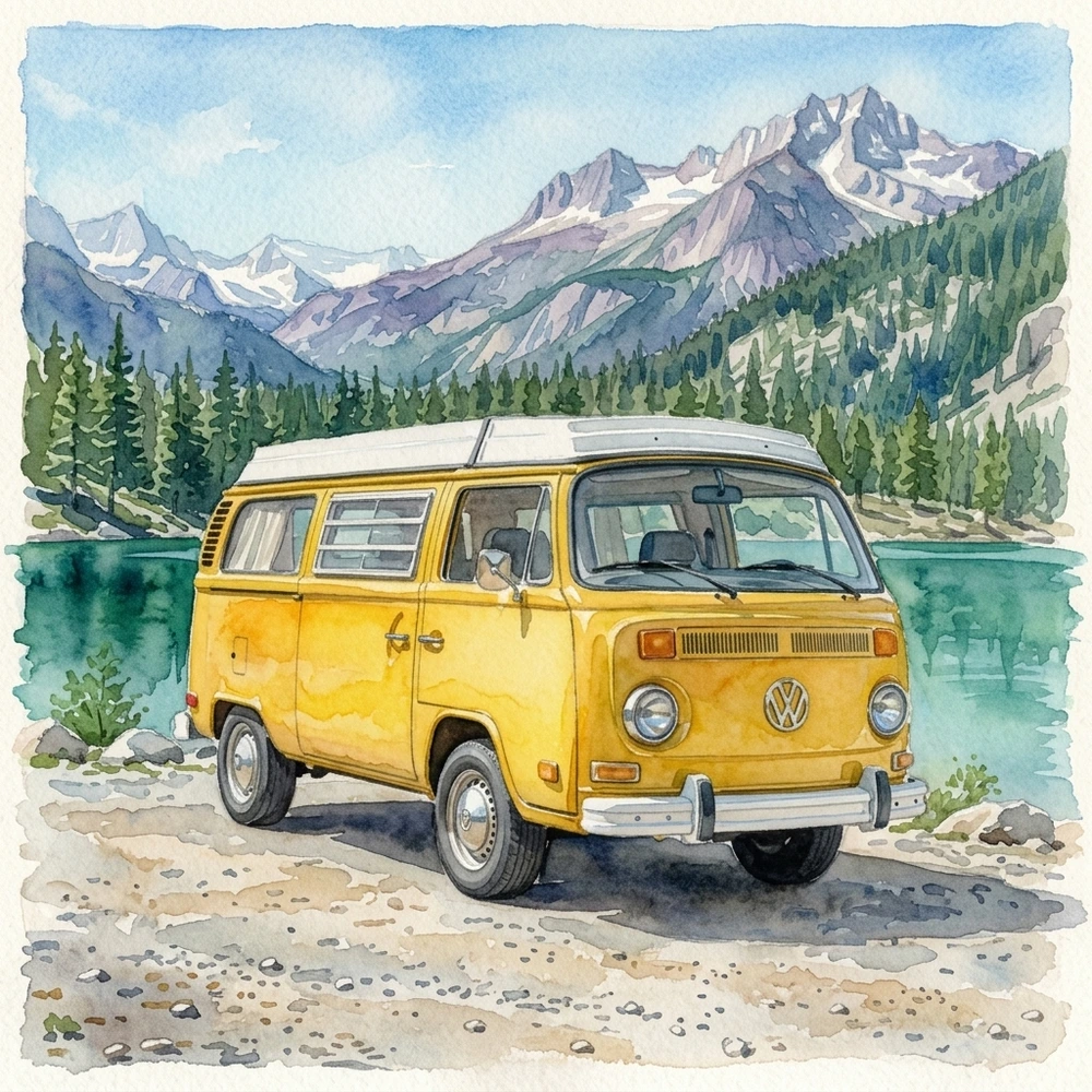 Painted lakeside camper scene used as the watercolor example result