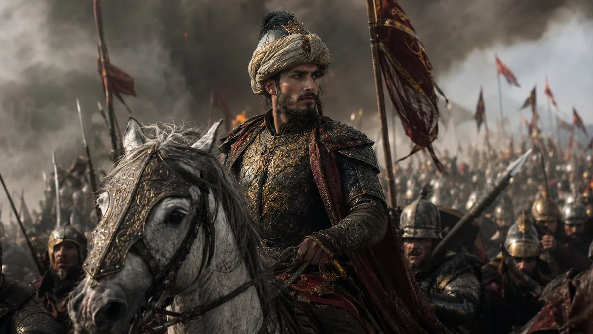 GPT Image 2 cinematic historical battlefield scene with a commander on a white horse