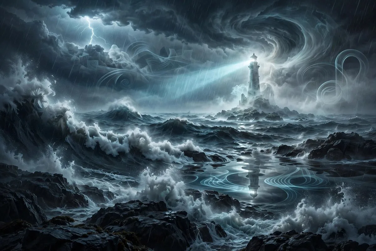 Muse Image dark fantasy lighthouse in a storm with swirling clouds and reflected light