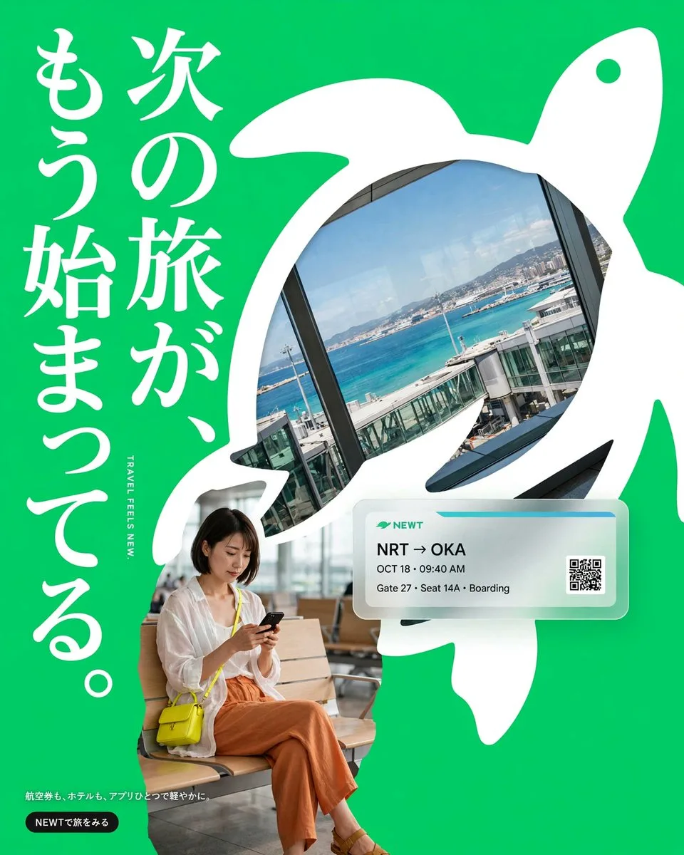 Muse Image travel campaign poster with Japanese typography, a turtle silhouette, airport photography, and a boarding card