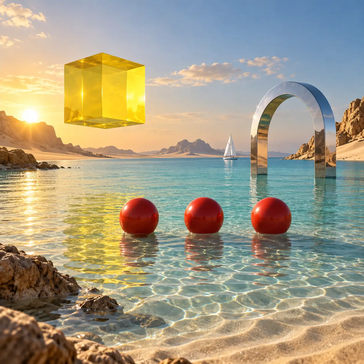 Countable cube, sphere, arch, and sailboat scene illustrating prompt-adherence testing