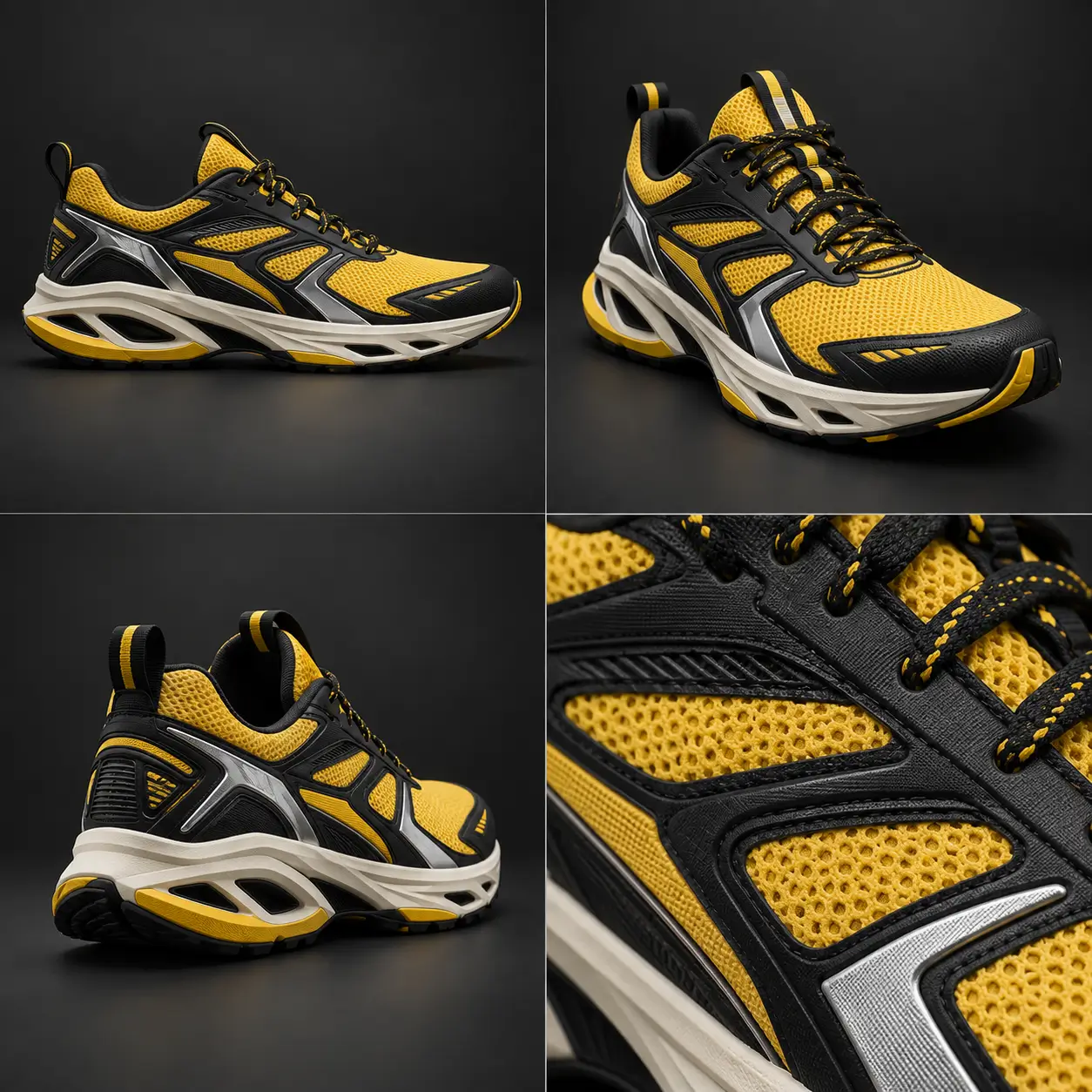Four-view running shoe board illustrating reference and product consistency testing
