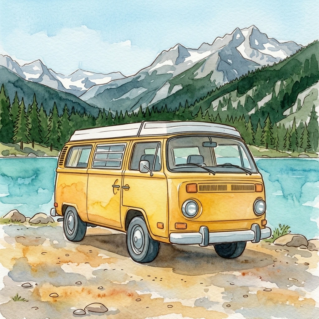 Photo to Cartoon watercolor result of a yellow camper with lake and mountain washes