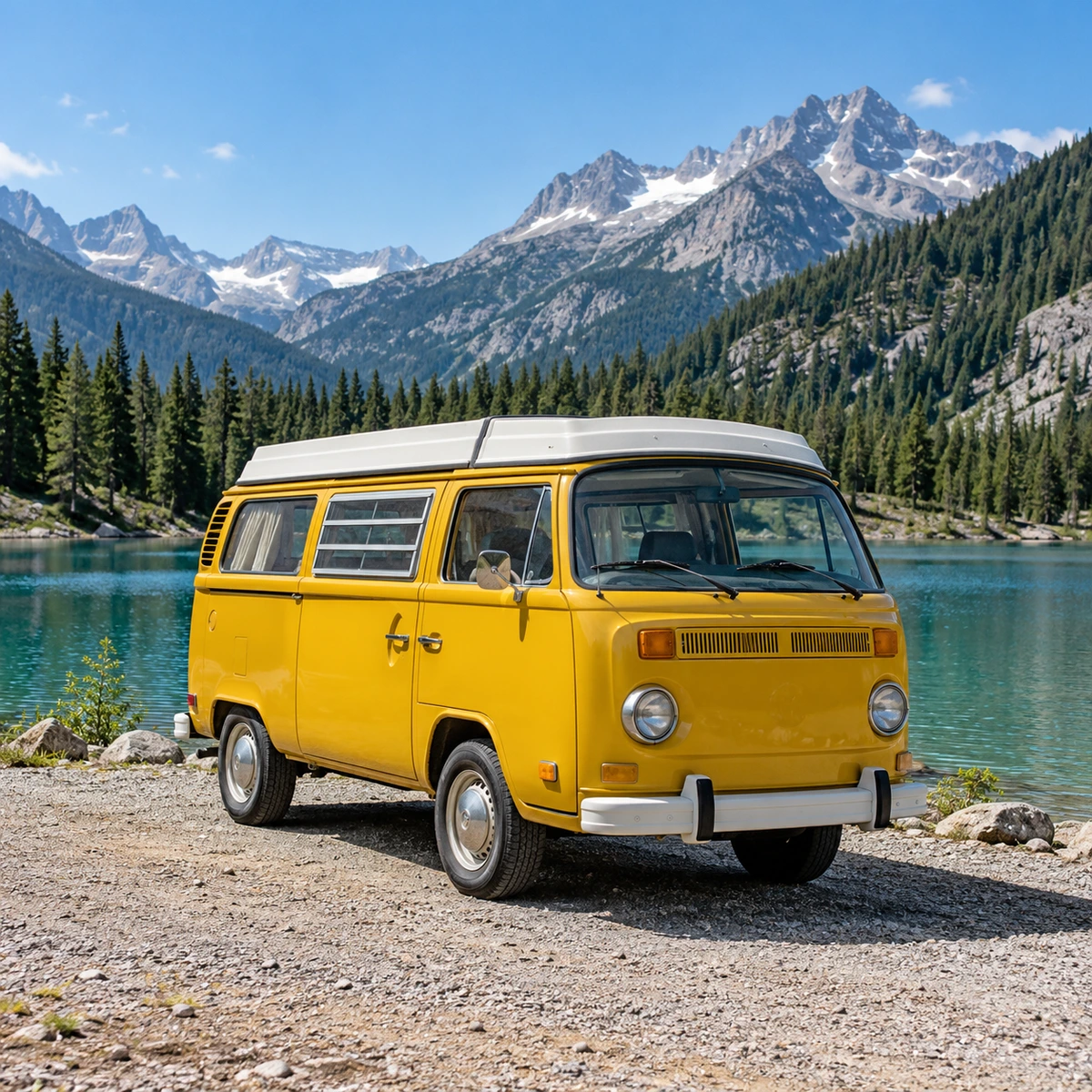 Photo to Cartoon original showing a yellow camper beside an alpine lake