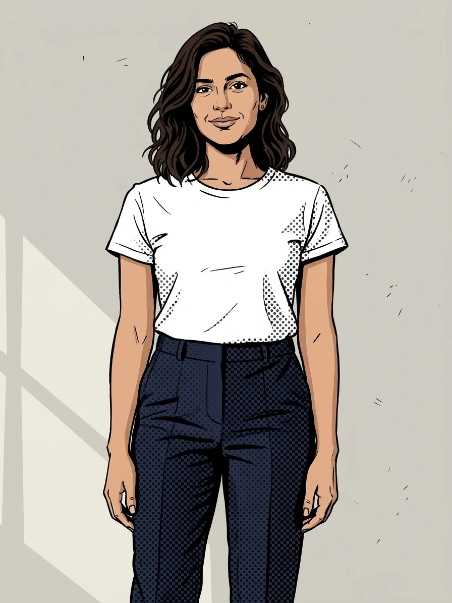 Photo to Cartoon comic result with ink contours and halftone on the white-T-shirt portrait