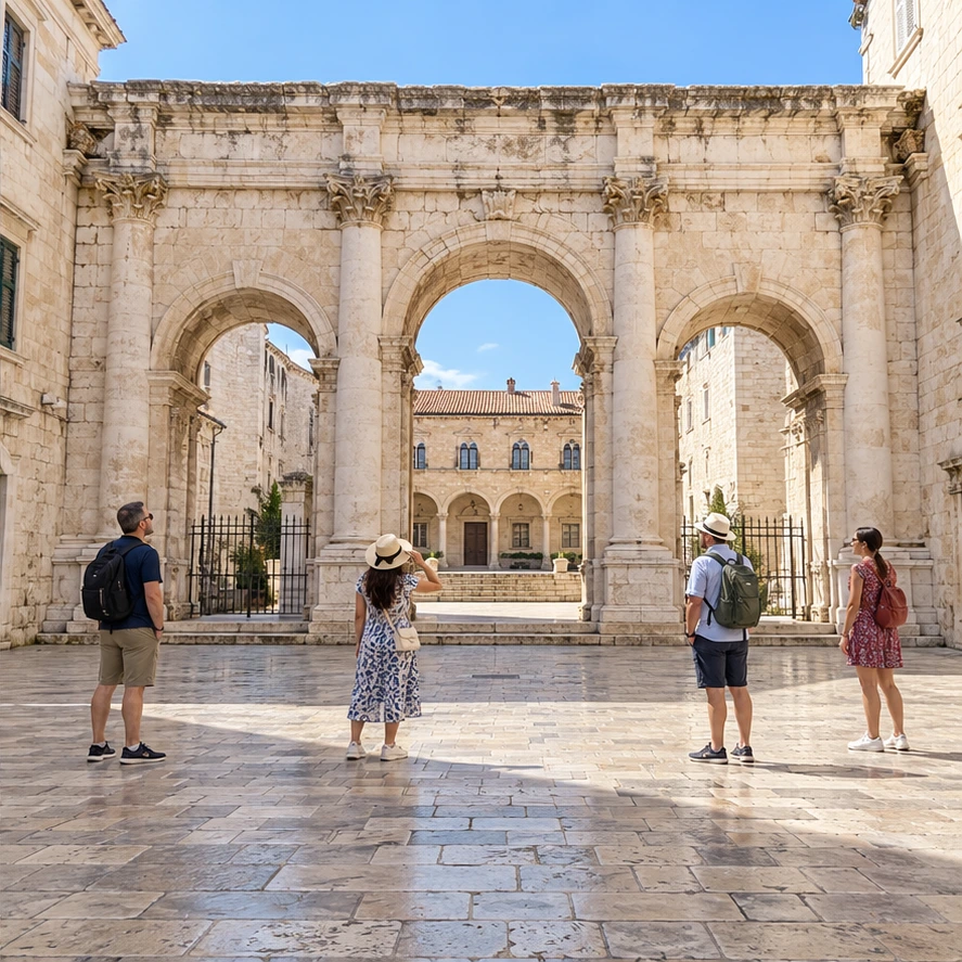 Visitors standing in front of a travel landmark before removal