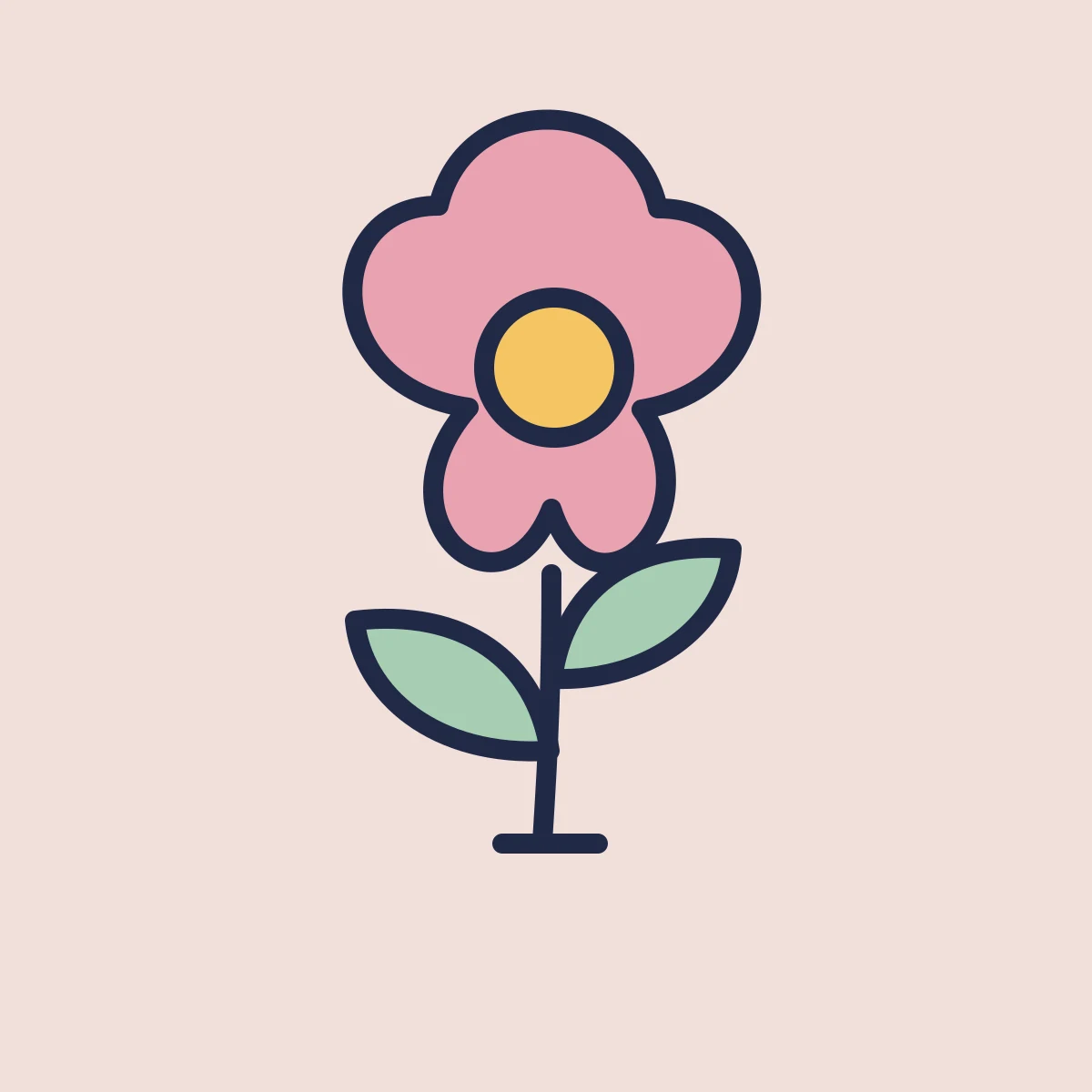 Pink flower with a gold center, mint leaves and navy outlines on pale pink