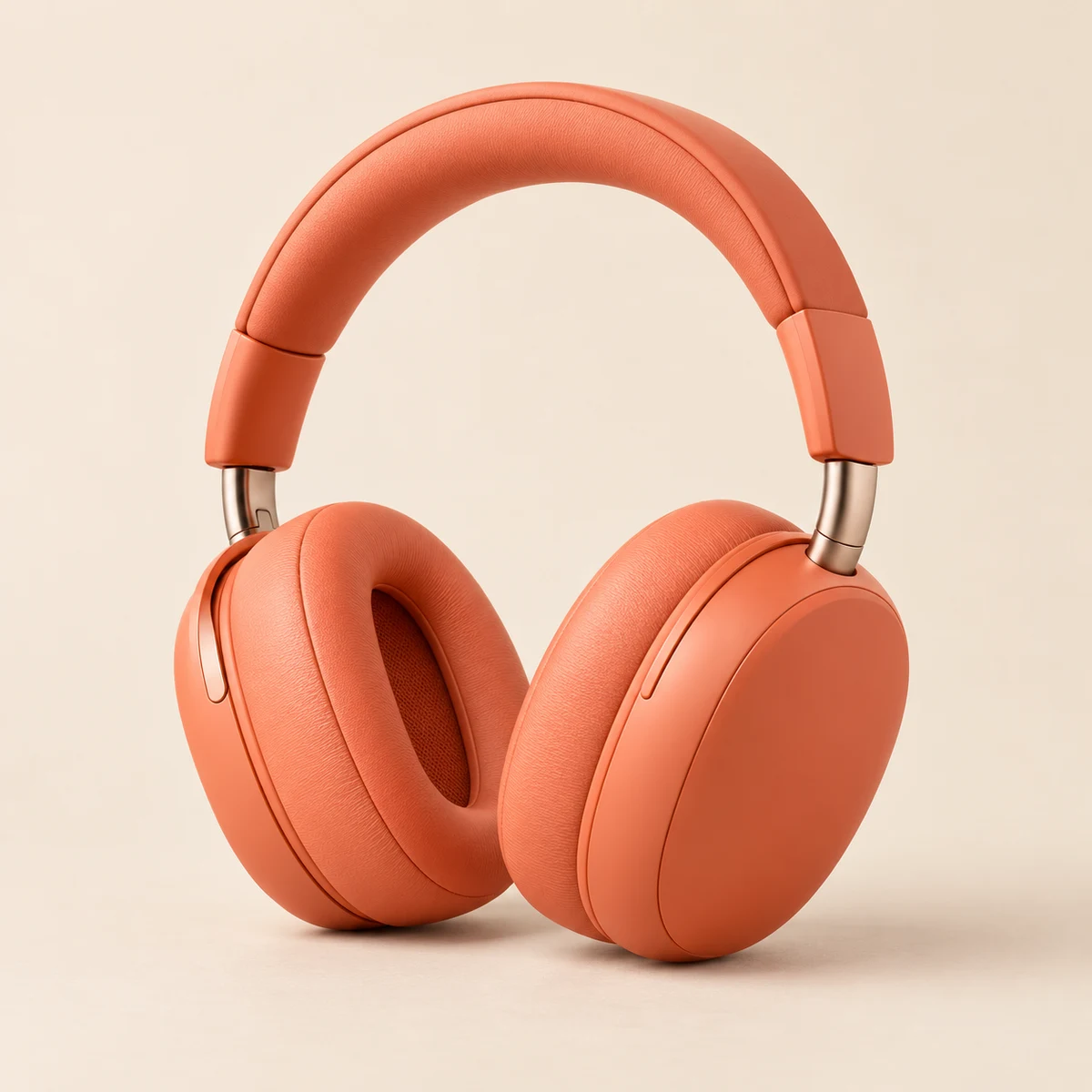 Coral over-ear headphones against a warm beige studio background
