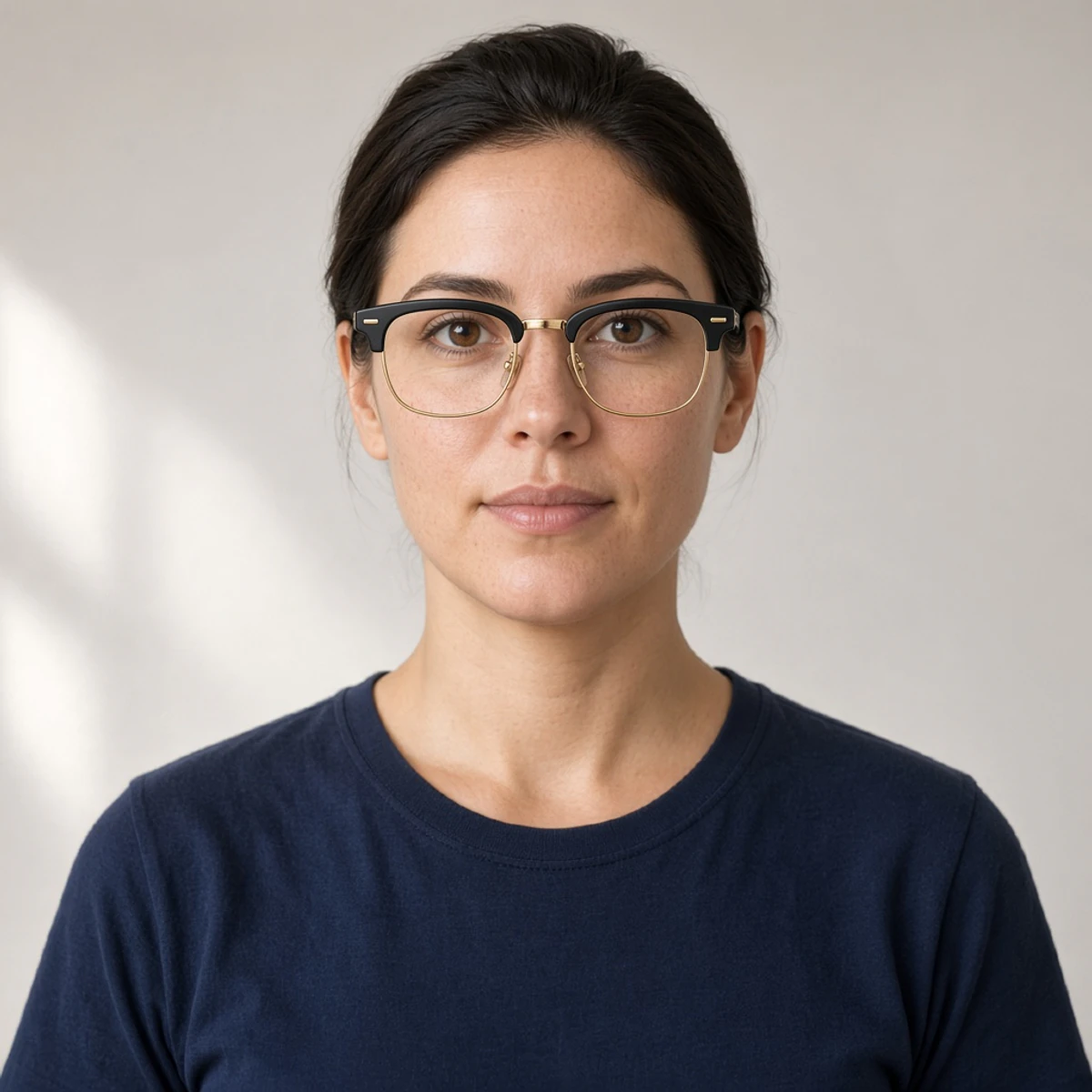 Sample portrait wearing black and gold browline glasses