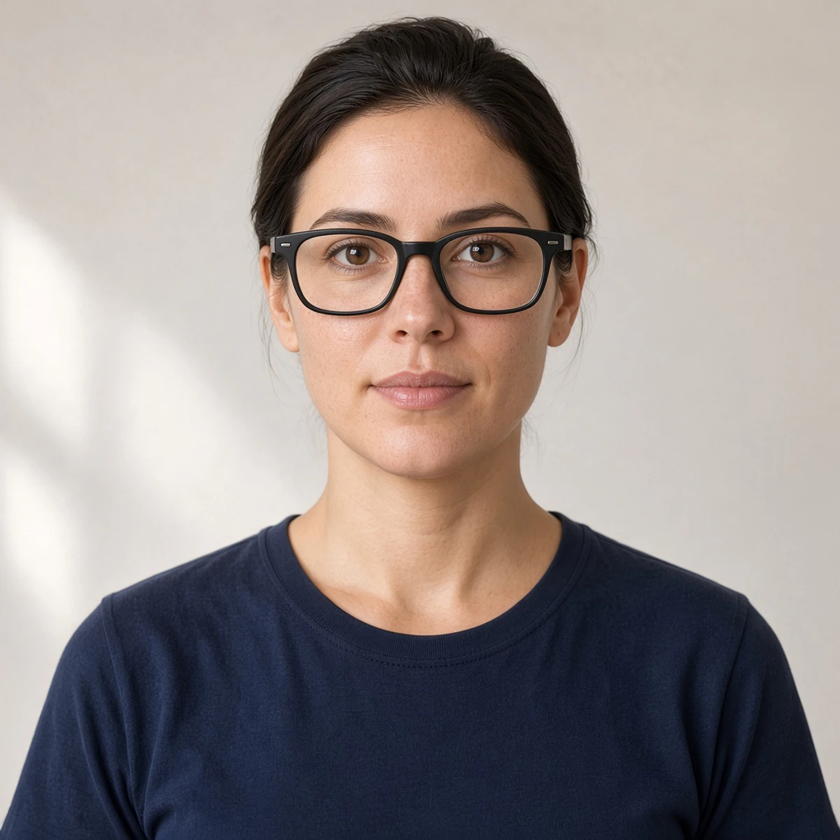 Same sample portrait after adding classic black rectangular glasses