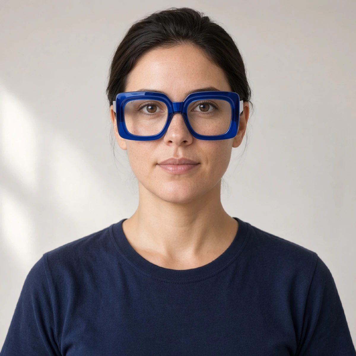 Sample portrait wearing oversized cobalt square glasses