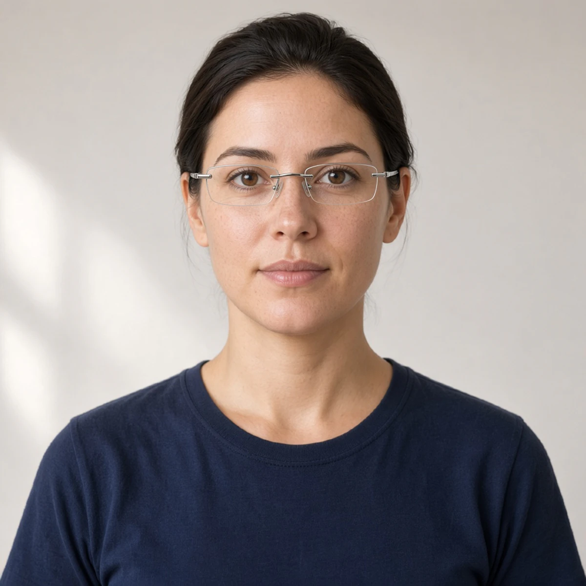 Sample portrait wearing thin rimless glasses