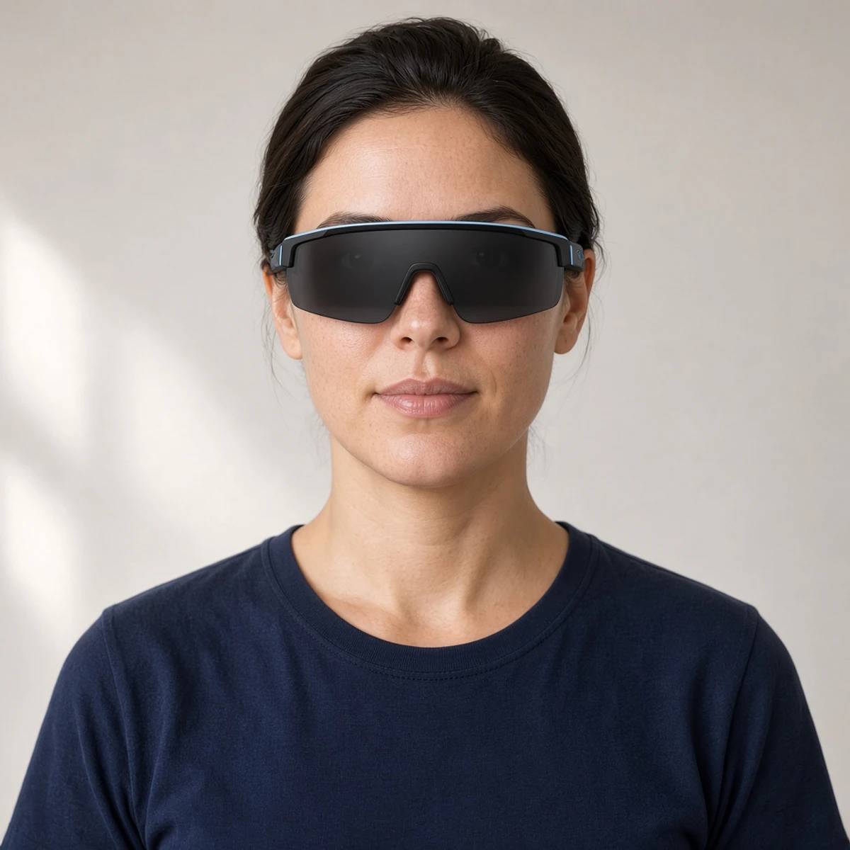 Sample portrait wearing dark sport wraparound sunglasses