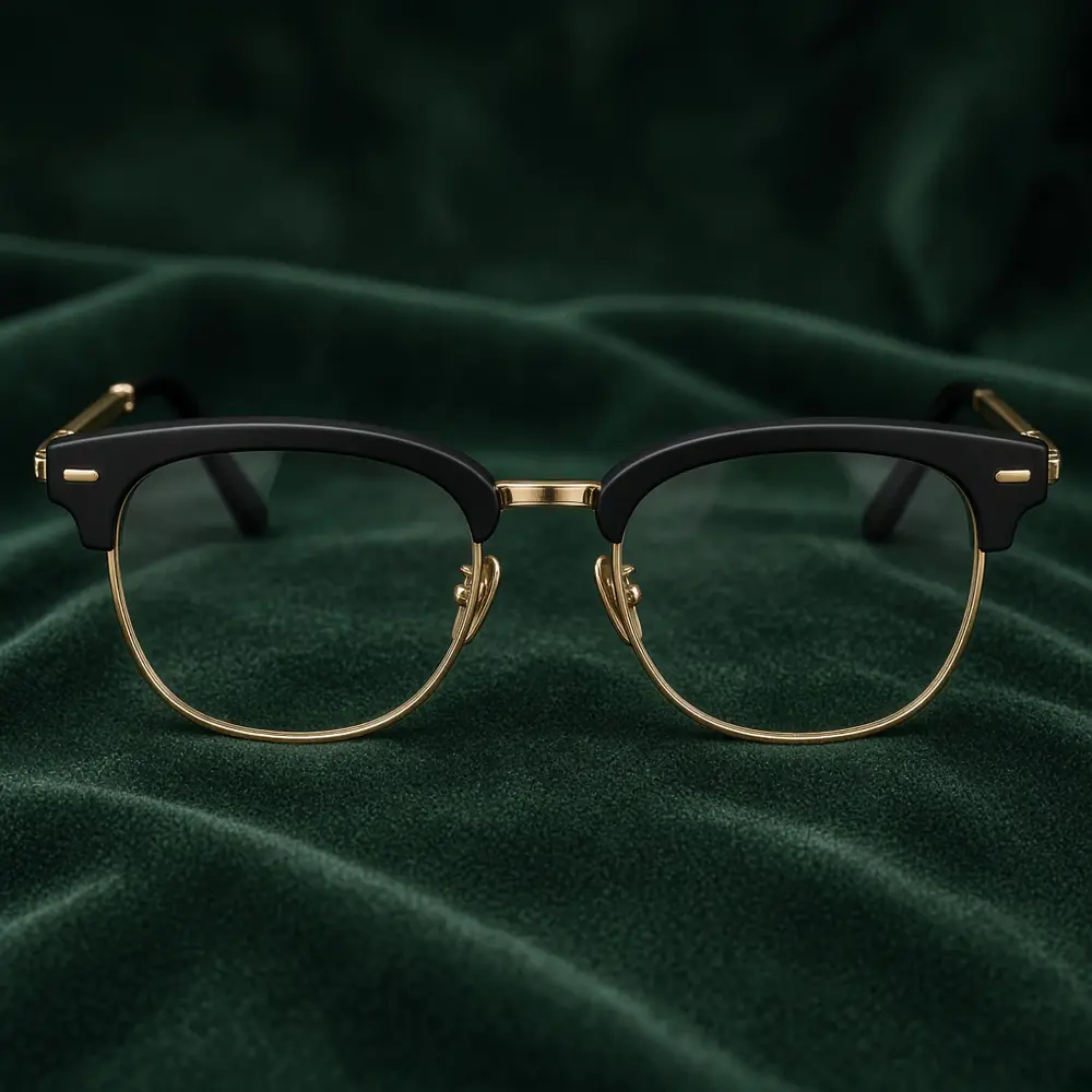 Clubmaster browline eyeglasses with a black top bar and thin gold lower rims
