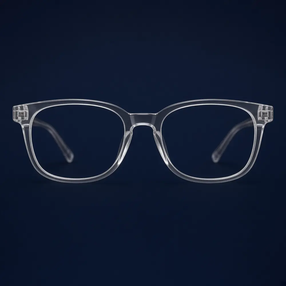 Transparent acetate eyeglasses with pale rectangular rims