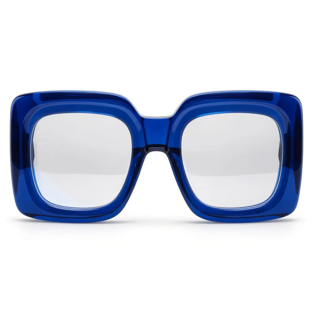 Oversized square fashion eyeglasses in thick translucent cobalt acetate