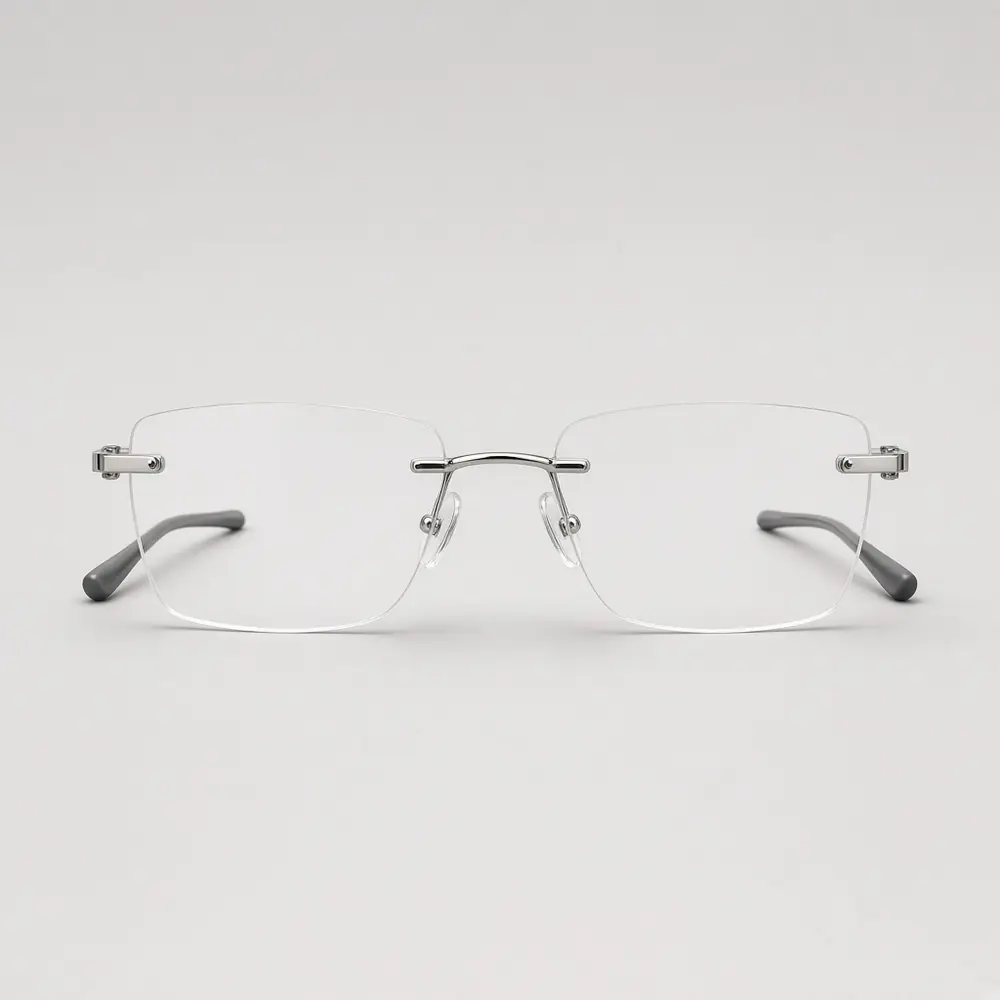 Rimless eyeglasses with clear lenses, a thin silver bridge, and no surrounding frame