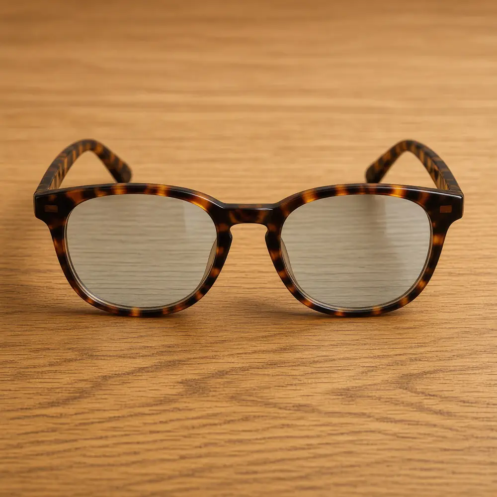 Tortoiseshell eyeglasses with mottled brown rounded-square frames