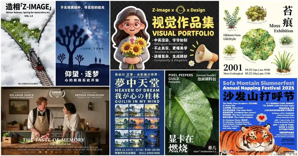 Z Image generated poster and typography examples with English and Chinese text